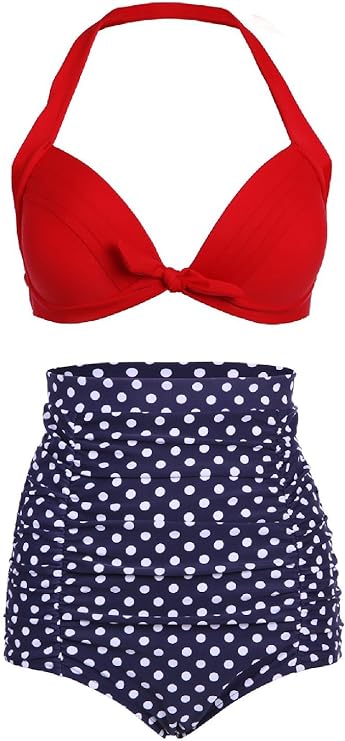 COCOSHIP Retro 50s Black Pink Blue Floral Halter High Waist Bikini Set Halter Carnival Swimsuit(FBA)
