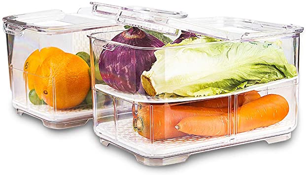 elabo Food Storage Containers Fridge Produce Saver- 2 Piece Set Stackable Refrigerator Organizer Keeper Drawers Bins Baskets with Lids and Removable Drain Tray for Veggie, Berry, Fruits and Vegetables