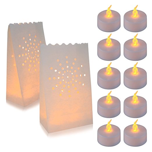 30 Flameless Tea Lights - Yellow Flickering LED Tealight Candles with 30 Bonus Luminary Bags