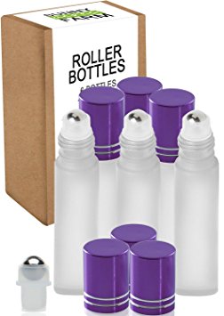 Highest Quality Frosted Glass Roll On Bottles - 1/3oz(10ml) - 6 Pack with Stainless Steel Metal Roll-On Balls - Free Recipe eBook Ideal For Essential Oils, Perfumes, Aromatherapy (Purple Lids)