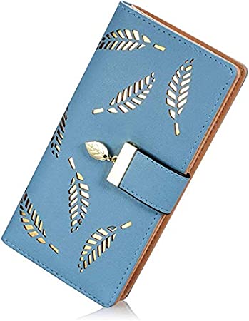 Molylove Women's Leather Wallet Purse Hollow Leaf Pattern Zipper Handbag Button Clutch Bag (Blue)