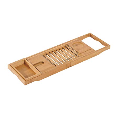 HOMCOM Extendable Bamboo Bathtub Shelf Rack Bath Caddy Tray Bathroom Storage