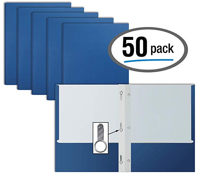 Blue Paper 2 Pocket Folders with Prongs, 50 Pack, by Better Office Products, Matte Texture, Letter Size Paper Folders, 50 Pack, with 3 Metal Prong Fastener Clips, Blue