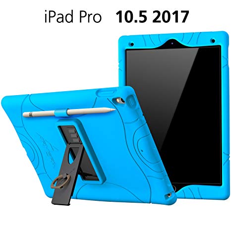 Armera iPad Pro 10.5 Rugged Case Cover with Pencil Holder, built-in Stand and Finger Ring, Heavy Duty Kids Safe Protection Silicone Cover for Apple iPad Pro 10.5 (2017) (Blue)