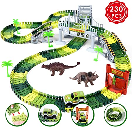 Ohuhu Dinosaur Race Track Toys, 230 Pieces Race Car Flexible Tracks Play Set, Create A Road, 2 pcs Cool Dinosaur for 3 4 5 6 Year & Up Old Boys Girls Birthday Gift