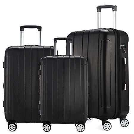 Fochier Luggage 3 Piece Set Expandable ABS PC Hard Shell Spinner Suitcase Lightweight TSA Lock(20" 24" 28") (Black)