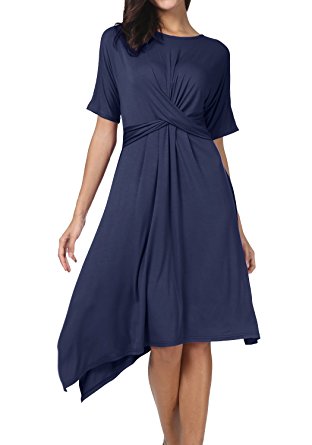 levaca Womens Summer Short Sleeve Pleated Cross Swing Causal Midi Dress