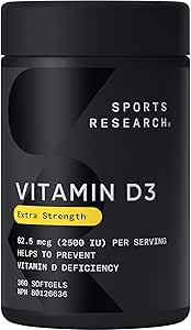 Sports Research Vitamin D3 2500iu (25mcg) with Coconut Oil - Vitamin D for Immune & Bone Support - Non-GMO Verified, Gluten & Soy Free (360 Liquid Softgels)