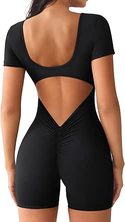 YEOREO Short Sleeve Jumpsuit for Women V Back Scrunch Shorts Bodysuit Lizvette Open Back Workout Romper One Piece Bodycon