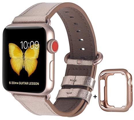 PEAK ZHANG Compatible with Apple Watch Band 38mm 40mm with Case, Women Genuine Leather Strap with Rose Gold Clasp(The Color as Same as Series 4/3 Gold Aluminum) for iwatch Series 4 3 2 1,Champagne