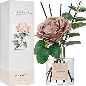 Cocorrína Flower Reed Diffuser - Oud Bergamot 6.7oz Scented Diffuser with Sticks Home Fragrance Essential Oil for Bathroom Shelf Decor (Artificial Flower)