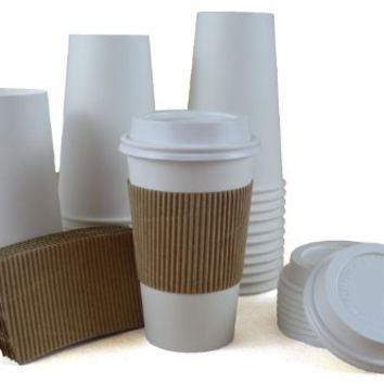 100 Paper Coffee Cup/Disposable Hot Cup 16 oz. WHITE with 100 Cappuccino Lids and 100 Sleeves