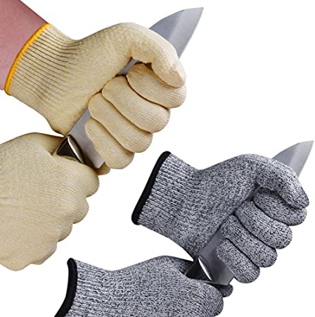 2 Pairs EVRIDWEAR Cut Resistant Gloves With Silicone Grip Dots Food Grade, level 5 Safety Protection Kitchen Cuts For Meat cutting, Fish Fillet Processing and Mandolin Slicing (Yellow   Gray) Small