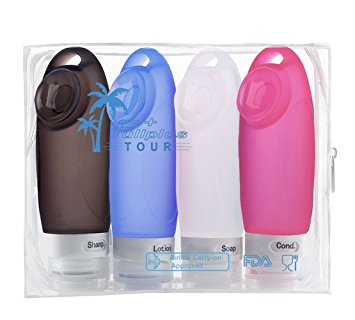 FullPlus Silicone Travel Bottle Set 3 Oz 4 Pack TSA Approved Carry On Shampoo Conditioner Bottle Leak Proof Design BPA Free with EVA Bag