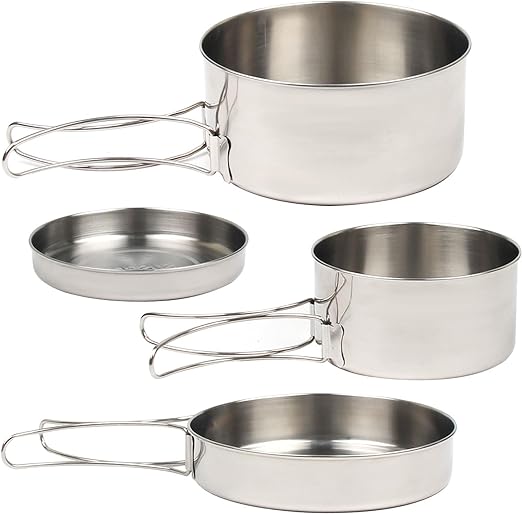 Camping Cookware Mess Kit, 4pcs Outdoor Cookware Set Stainless Steel Lightweight Compact Cooking Set for Picnic Hiking Camping Travel