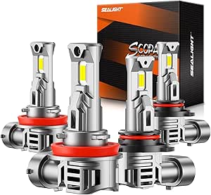 SEALIGHT 2024 Newest 9005 H11 Bulbs Combo, 1:1 Mini Size Fog Light Bulbs 6500K Cool White Bulbs with Cooling Fan, Plug & Play, Pack of 4