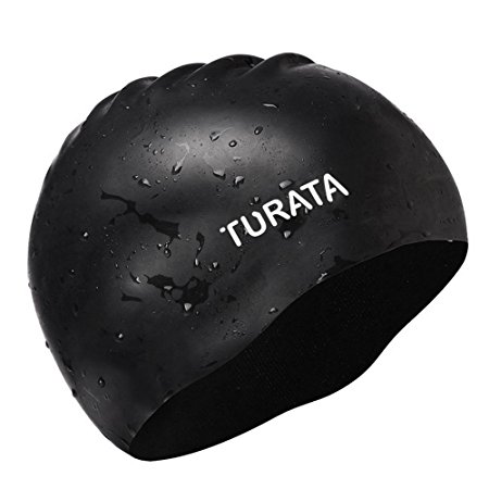 Swim Cap, TURATA Waterproof Unisex Premium Earmuffs Silicone Anti-Slip Swimming Cap for Adults Kids Woman Men / One Size Hat - Black (Antislip)