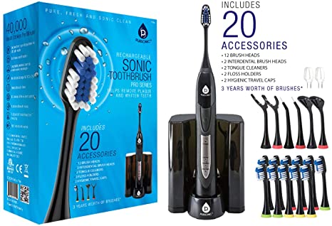 PURSONIC S520 Black Ultra High Powered Sonic Electric Toothbrush with Dock Charger, 12 Brush Heads & More! (Value Pack)