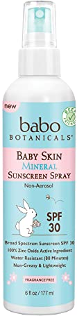 Babo Botanicals Baby Skin Mineral Sunscreen Spray SPF 30 with 100% Zinc Oxide Active, Water-Resistant - 6 oz.