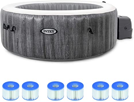 Intex PureSpa Greywood Deluxe 85in x 25in Outdoor Portable Inflatable 6 Person Round Hot Tub Spa with 170 Bubble Jets, Hardwater Treatment, Filter, and 6 Type S1 Pool Filter Cartridges