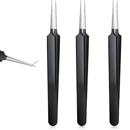 3 Pieces Ingrown Hair Tweezers Stainless Steel Splinter Tweezers Pointed Blackhead Remover Precision Eyebrow Tweezers for Facial Hair, Ingrown Hair, Splinter and Blackhead Remover (Black)