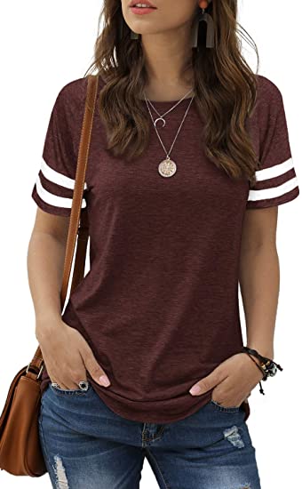 Sieanear Womens T Shirts Short Sleeve Striped Color Block Leopard Casual Tops