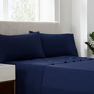 Serta Simply Clean Super Soft Hypoallergenic Stain Resistant Deep Pocket 4 Pieces Solid Bed Sheet Set, Full, Navy