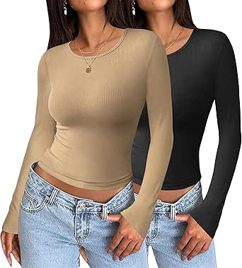 Zeagoo Women Long Sleeve T Shirts Crewneck Basic Casual Slim Fitted Knit Tops 2024 Casual Ribbed Thermal Undershirts Tee