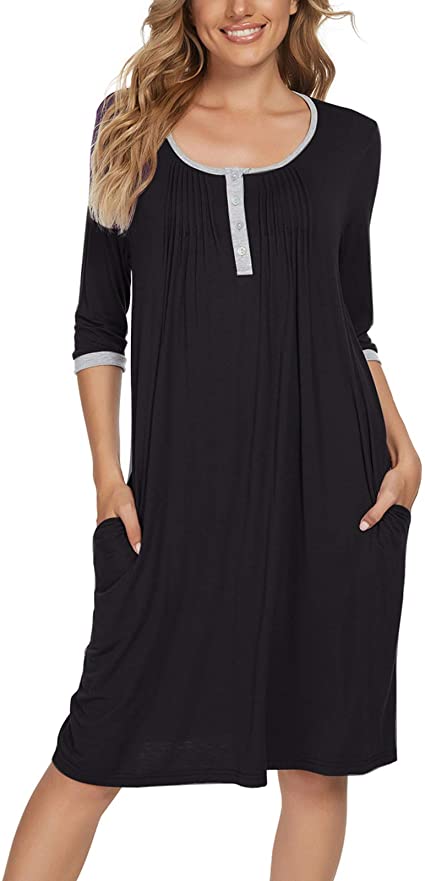 Womens Nightgowns Sleepshirts 3/4 Sleeve Sleepwear Nightshirt Pajama Pleated Sleep Shirt Dress with Pockets