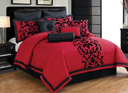 KingLinen 14 Piece Queen Dawson Black and Red Bed in a Bag w/500TC Cotton Sheet Set