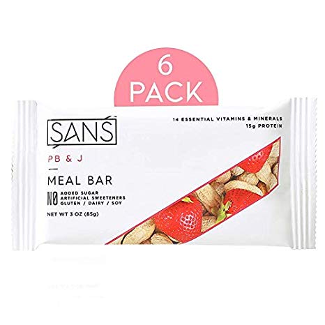 SANS PB and J Meal Replacement Protein Bar | All-Natural Nutrition Bar With No Added Sugar | Dairy-Free, Soy-Free, and Gluten-Free | 14 Essential Vitamins and Minerals | (6 Pack)
