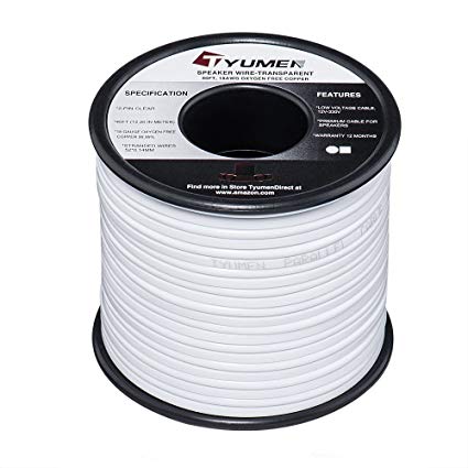 TYUMEN 18 AWG Gauge 2 Conductor Stranded 40 FT Roll Speaker Zip Wire Car Home Audio Cable, 99.95% Oxygen Free Copper Wires, White