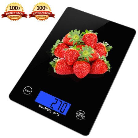 Digital Food Scale, Zdatt 11lb/5kg Touch Operation Kitchen Scale, Tempered Glass Platform with LCD Display, Support lb, oz, ml and gram Measure-Rectangle/Black