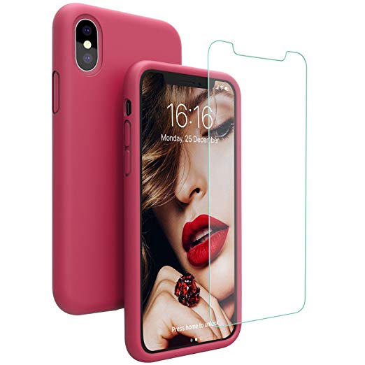 iPhone X Case, iPhone Xs Case, JASBON Liquid Silicone Phone Case with Free Screen Protector Gel Rubber Shockproof Cover Full Protective Case for iPhone X/XS-Rose Red