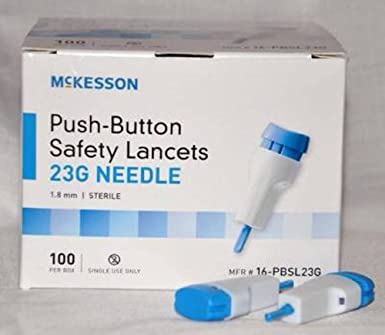 MCK16232400 - Lancet McKesson Push-Button Safety Needle 1.8 mm Depth 23 Gauge Spring-Loaded Push Button