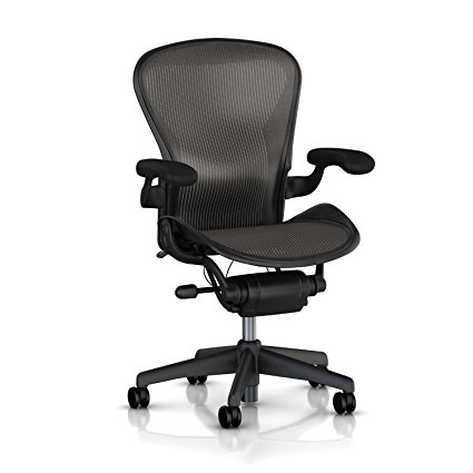 Herman Miller Classic Aeron Task Chair: Basic - Standard Tilt - Fixed Vinyl Arms - Standard Carpet Casters - Graphite Frame/Carbon Classic Pellicle - Size B (Medium)