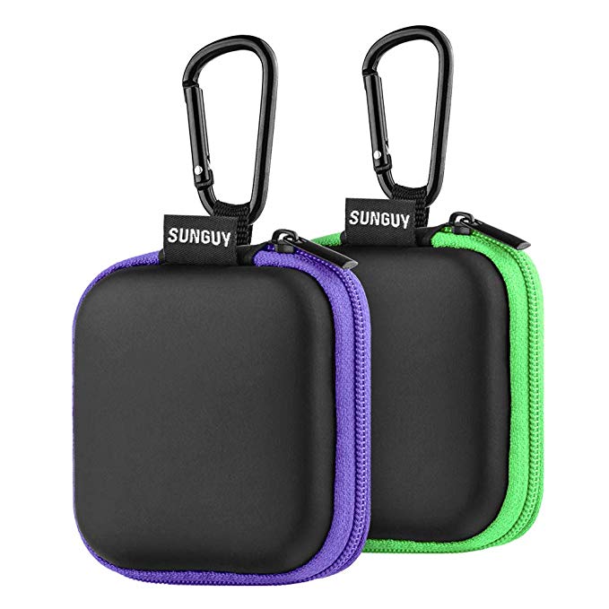 Earbuds Carrying Case,SUNGUY [2-Pack] Portable Small Shape Hard EVA Carry Case Storage Bag Carabiner Earphone,Earbuds,Bluetooth Headset,Wired Headset Mini Case More (Green Purple)