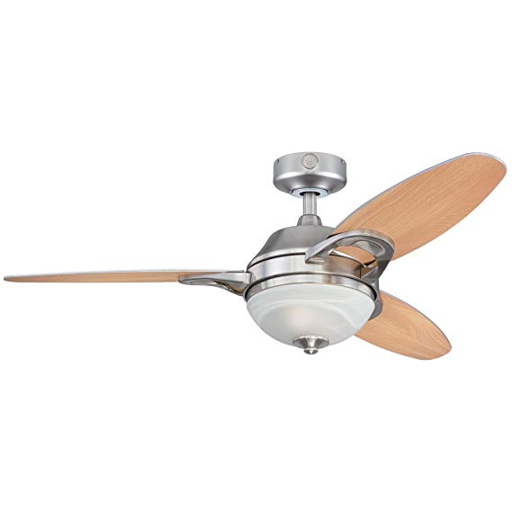 Westinghouse 7877500 Arcadia Two-Light 46-Inch Reversible Three-Blade Indoor Ceiling Fan, Brushed Nickel with Frosted White Alabaster Glass, Works with Alexa