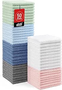 HOMEXCEL Microfiber Washcloths 50 Pack, Highly Absorbent and Soft Face Towel, Multi-Purpose Wash Cloths for Bathroom, Hotel, Spa, Gym, and Kitchen, 12x12 Inch