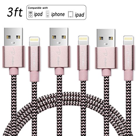 IPhone charger, I-Bollon 3 PACK 3ft Nylon Braided 8 pin lighting to USB charging Cable cord with breathing LED indictor powerline for iPhone 5/5C/5S/6S/6S PLUS/7/7 plus, iPad Air,and more(Rose Gold)