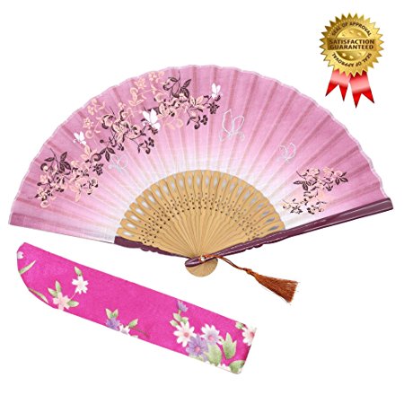OMyTea® 8.27"(21cm) Women Hand Held Silk Folding Fans with Bamboo Frame - With a Fabric Sleeve for Protection for Gifts - Chinese / Japanese Style Butterflies and Morning Glory Flowers Pattern (Red)