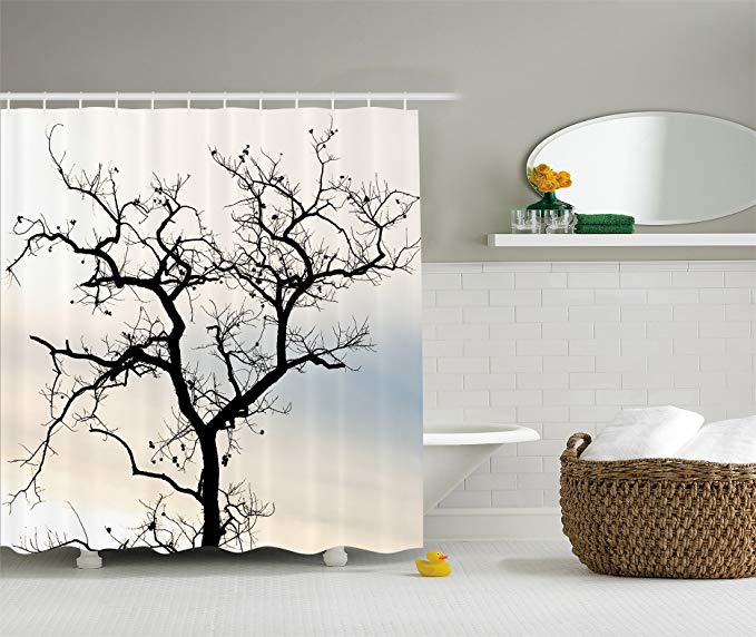 Ambesonne Woodsy Shower Curtain Decor, A Lonely Tree in Fall Black Branches with Abstract Art Falling Leaves Theme, Polyester Fabric Bathroom Set with Hooks, Ombre Blue Beige