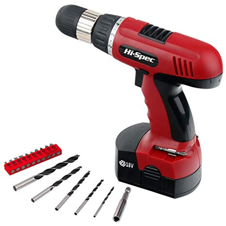Hi-Spec 18V Electric Power Cordless Drill Driver, 800mAh Ni-MH Battery, 16 Position Keyless Chuck, Variable Speed with 18 Piece Screwdriver Insert & Wood Drill Bits Set for Home & Work Repairs & DIY