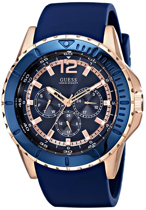 GUESS Men's U0485G1 Rose Gold-Tone Watch with Blue Silicone Band