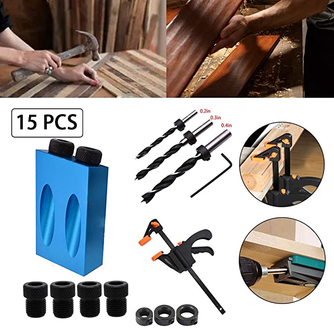 Pocket Hole Screw Jig Dowel Drill Joinery Kit, 15Degree Woodworking Inclined Hole Jig,Carpenters Wood Woodwork Inclined Hole Locator Guides Joint Angle Tool Carpentry Locator Craft 15pcs