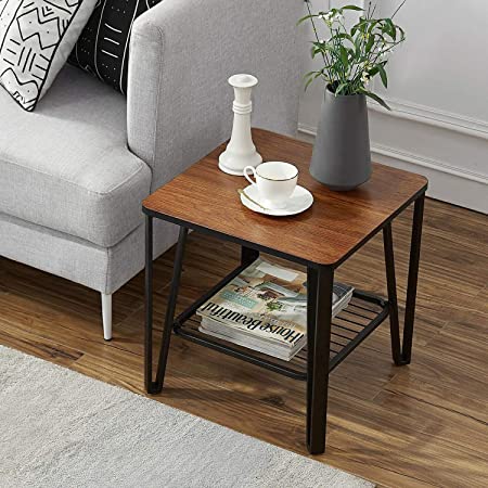 VECELO Industrial End/Side/Sofa Table, Night Stand with Metal Storage Shelf Living Room Furniture, Easy Assembly, Brown