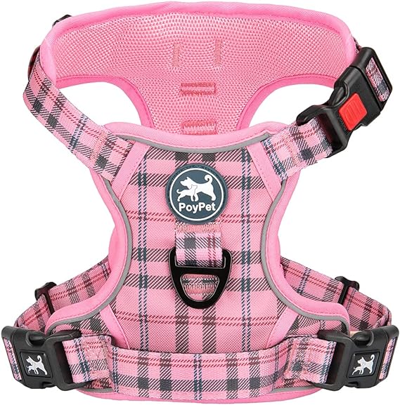 PoyPet No Pull Dog Harness, Reflective Adjustable No Choke Pet Vest with Front & Back 2 Leash Attachments, Soft Control Training Handle for Small Medium Large Dogs(Checkered Pink,L)