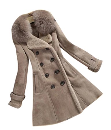 Allbebe Women's Winter Thicken Long Faux Fur Shearling Coat with Fox Fur Trim