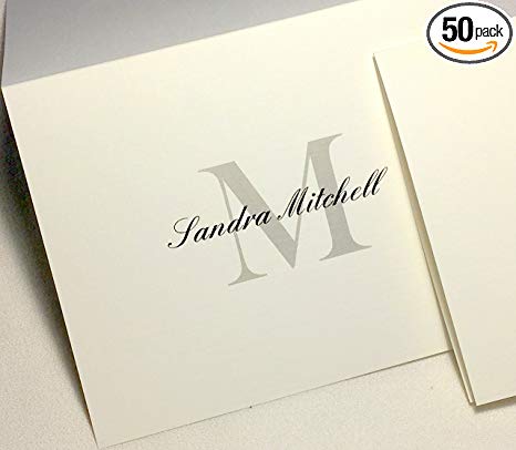 50 Personalized Note Cards with Initial Plus Full Name. Matching Envelopes Included. Choose Large Script Initial in Blue or Block Initial in Grey/black. Blank Inside.