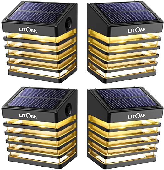 Solar Deck Lights Outdoor, LITOM 2 Modes IP65 Waterproof Led Solar Fence Lights for Garden Patio, Front Door, Stair, Landscape, Yard,Backyard,Driveway Path,Warm White,4 Pack